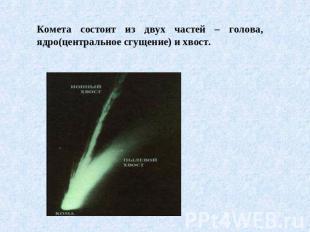 Комета состоит из двух частей – голова, ядро(центральное сгущение) и хвост.