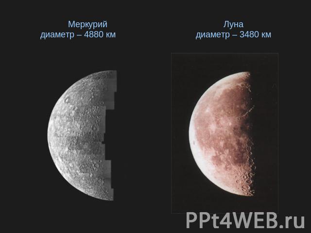 Меркурий Лунадиаметр – 4880 км диаметр – 3480 км