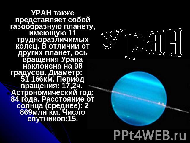 Уран УРАН также представляет собой газообразную планету, имеющую 11 трудноразличимых колец. В отличии от других планет, ось вращения Урана наклонена на 98 градусов. Диаметр: 51 166км. Период вращения: 17,2ч. Астрономический год: 84 года. Расстояние …