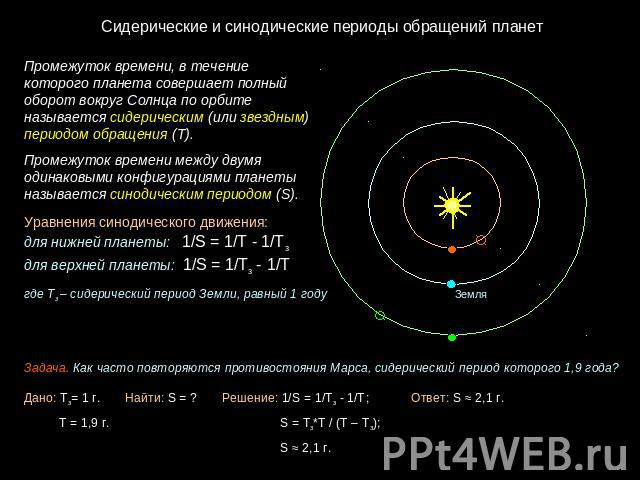  Сидерические и синодические периоды обращений планет Промежуток времени, в течение которого планета совершает полный оборот вокруг Солнца по орбите называется сидерическим (или звездным) периодом обращения (T). Промежуток времени между двумя одинак…