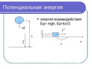 Потенциальная энергия энергия взаимодействия Ep= mgh; Ep=kx2/2