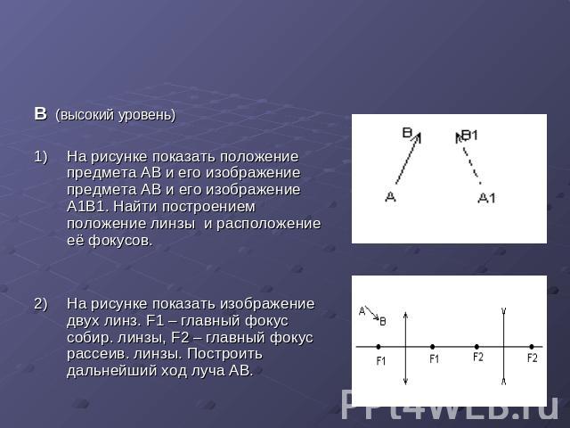 В (высокий уровень) На рисунке показать положение предмета AB и его изображение предмета AB и его изображение A1B1. Найти построением положение линзы и расположение её фокусов. На рисунке показать изображение двух линз. F1 – главный фокус собир. лин…