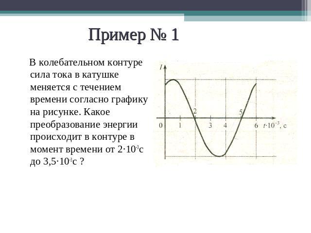 Пример № 1 В колебательном контуре сила тока в катушке меняется с течением времени согласно графику на рисунке. Какое преобразование энергии происходит в контуре в момент времени от 2·10-3с до 3,5·10-3с ?