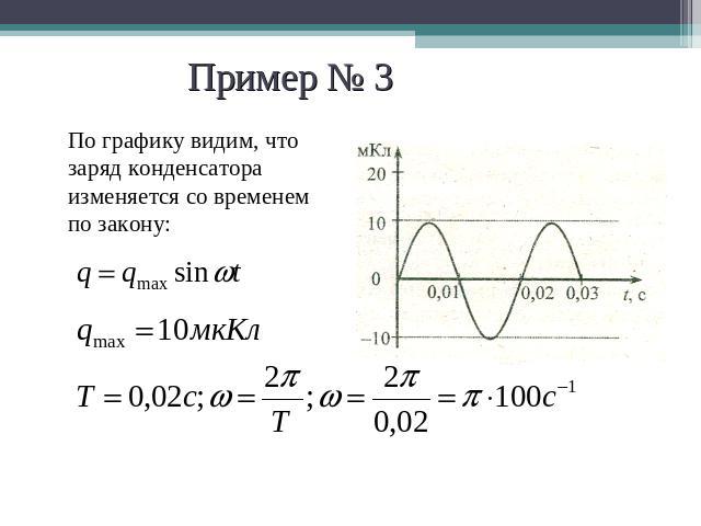 Пример № 3 По графику видим, что заряд конденсатора изменяется со временем по закону: