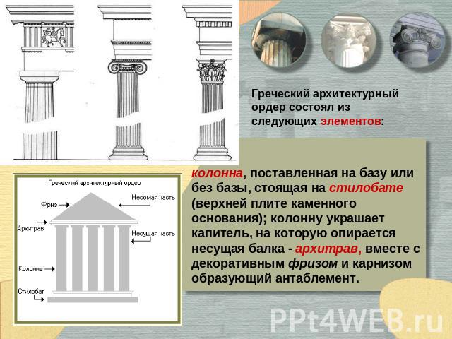 Греческий архитектурный ордер состоял из следующих элементов: колонна, поставленная на базу или без базы, стоящая на стилобате (верхней плите каменного основания); колонну украшает капитель, на которую опирается несущая балка - архитрав, вместе с де…