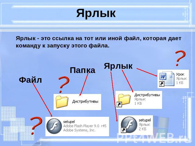 Ярлык Ярлык - это ссылка на тот или иной файл, которая дает команду к запуску этого файла.