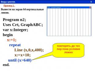 Пример 2. Вывести на экран 64 вертикальные линии. Program n2;Uses Crt, GraphABC;