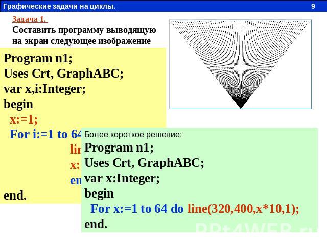 Задача 1. Составить программу выводящую на экран следующее изображение Program n1; Uses Crt, GraphABC; var x,i:Integer; begin x:=1; For i:=1 to 64 do begin line(320,400,x,1); x:=x+10; end; end. Более короткое решение: Program n1; Uses Crt, GraphABC;…