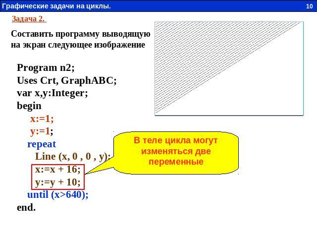 Задача 2. Составить программу выводящую на экран следующее изображение Program n2; Uses Crt, GraphABC; var x,y:Integer; begin x:=1; y:=1; repeat Line (x, 0 , 0 , y); x:=x + 16; y:=y + 10; until (x>640); end. В теле цикла могут изменяться две переменные