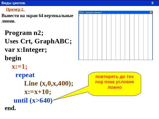 Пример 2. Вывести на экран 64 вертикальные линии. Program n2;Uses Crt, GraphABC;var x:Integer;begin    x:=1;      repeat           Line (x,0,x,400);           x:=x+10;     until (x>640)  end. повторять до тех пор пока условие ложно