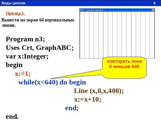 Пример 3. Вывести на экран 64 вертикальные линии. Program n3;Uses Crt, GraphABC;var x:Integer;begin     x:=1;       while(x