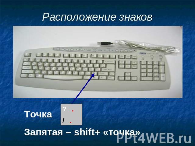 Расположение знаков препинания на клавиатуре Точка Запятая – shift+ «точка»