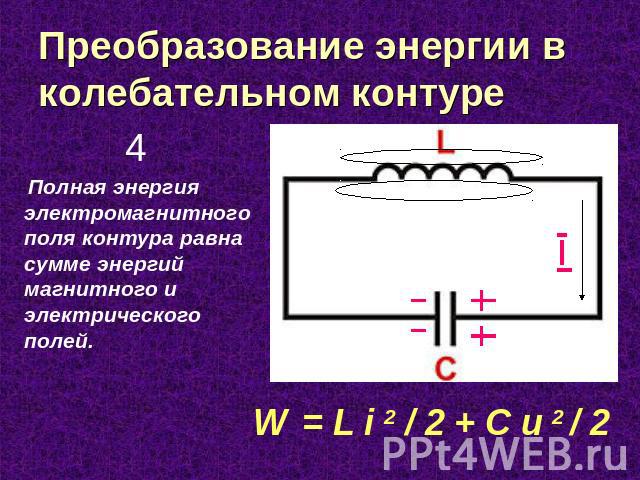 Преобразование энергии в колебательном контуре Полная энергия электромагнитного поля контура равна сумме энергий магнитного и электрического полей. W = L i 2 / 2 + C u 2 / 2