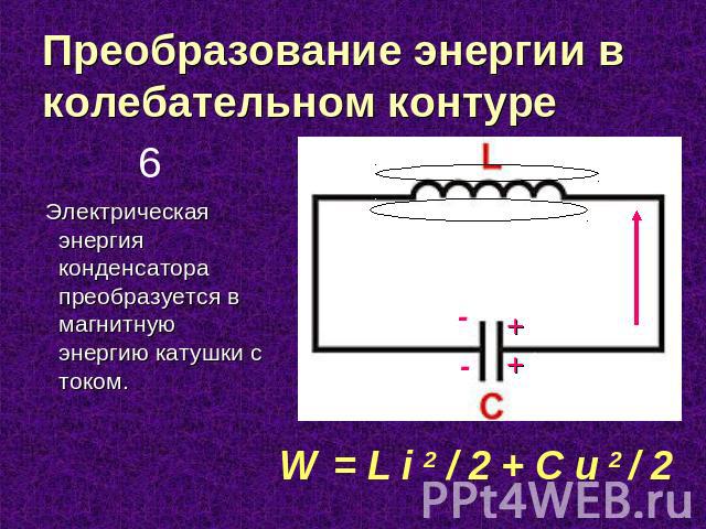 Преобразование энергии в колебательном контуре Электрическая энергия конденсатора преобразуется в магнитную энергию катушки с током. W = L i 2 / 2 + C u 2 / 2
