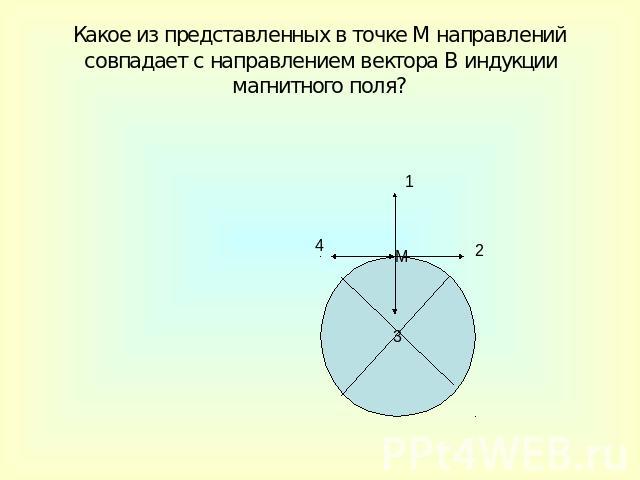 Какое из представленных в точке М направлений совпадает с направлением вектора В индукции магнитного поля?