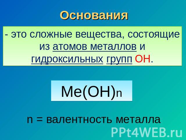 Основания - это сложные вещества, состоящие из атомов металлов и гидроксильных групп ОН. Me(OH)n n = валентность металла