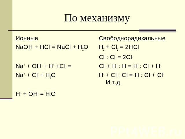 По механизму Ионные NaOH + HCl = NaCl + H2O Na+ + OH- + H+ +Cl- = Na+ + Cl- + H2O H+ + OH- = H2O