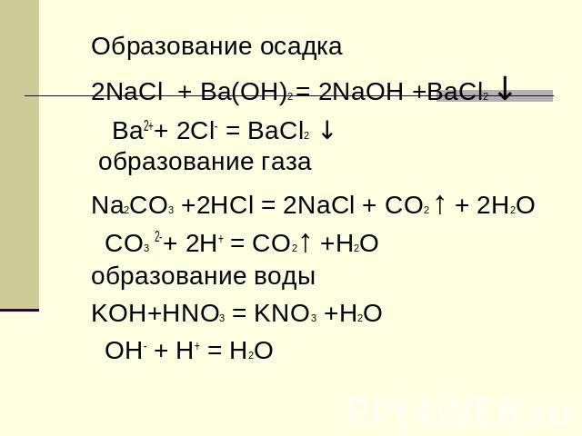 Образование осадка 2NaCl + Ba(OH)2 = 2NaOH +BaCl2 ↓ Ba2++ 2Cl- = BaCl2 ↓ образование газа Na2CO3 +2HCl = 2NaCl + CO2 ↑ + 2H2O CO3 2-+ 2H+ = CO2↑ +H2O образование воды KOH+HNO3 = KNO3 +H2O OH- + H+ = H2O