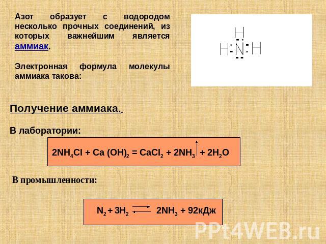 Азот образует с водородом несколько прочных соединений, из которых важнейшим является аммиак. Электронная формула молекулы аммиака такова: Получение аммиака. В лаборатории: 2NH4Cl + Ca (OH)2 = CaCl2 + 2NH3 + 2H2O В промышленности: N2 + 3H2 2NH3 + 92кДж