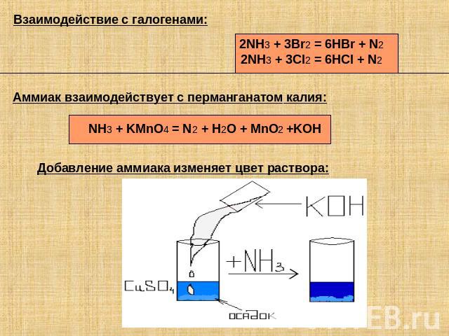 Взаимодействие с галогенами: 2NH3 + 3Br2 = 6HBr + N2 2NH3 + 3Cl2 = 6HCl + N2 Аммиак взаимодействует с перманганатом калия: NH3 + KMnO4 = N2 + H2O + MnO2 +KOH Добавление аммиака изменяет цвет раствора: