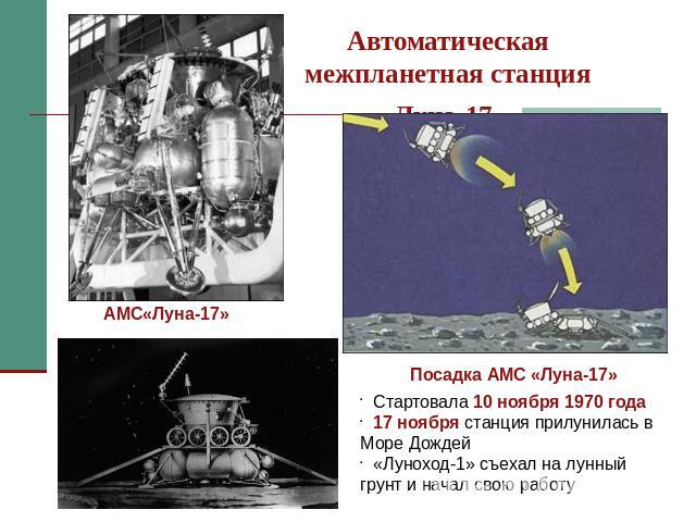 Автоматическая межпланетная станция «Луна-17» АМС«Луна-17» Посадка АМС «Луна-17 Стартовала 10 ноября 1970 года 17 ноября станция прилунилась в Море Дождей «Луноход-1» съехал на лунный грунт и начал свою работу