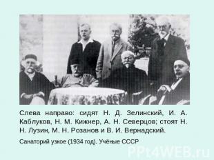 Слева направо: сидят Н. Д. Зелинский, И. А. Каблуков, Н. М. Кижнер, А. Н. Северц