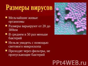 Размеры вирусов Мельчайшие живые организмы Размеры варьируют от 20 до 300нм В ср