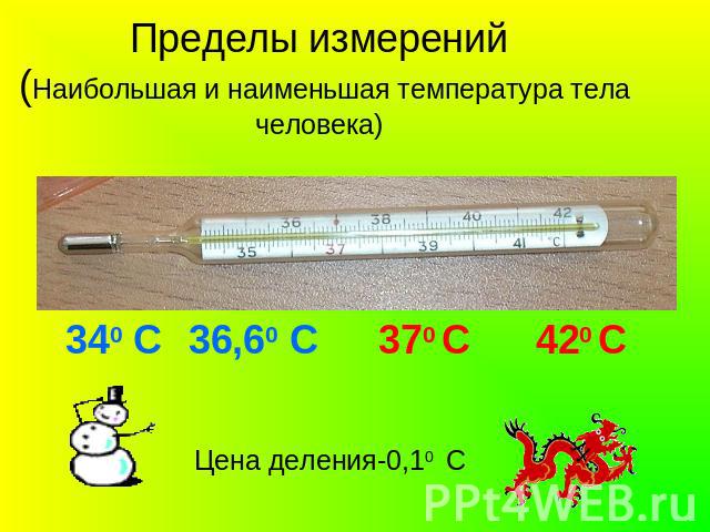 Пределы измерений (Наибольшая и наименьшая температура тела человека) 340 С 36,60 С 370 С 420 С Цена деления-0,10 С