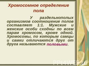 Хромосомное определение пола У раздельнополых организмов соотношение полов соста