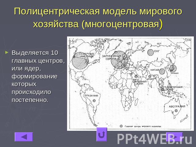 Полицентрическая модель мирового хозяйства (многоцентровая) Выделяется 10 главных центров, или ядер, формирование которых происходило постепенно.