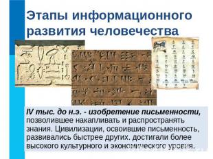 Этапы информационного развития человечества IV тыс. до н.э. - изобретение письме