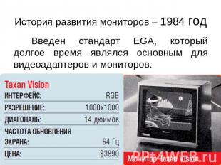 История развития мониторов – 1984 год Введен стандарт EGA, который долгое время