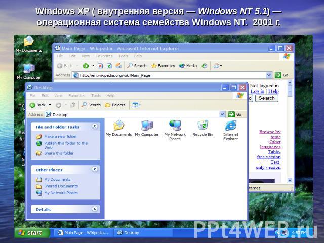 Windows XP ( внутренняя версия — Windows NT 5.1) — операционная система семейства Windows NT. 2001 г.