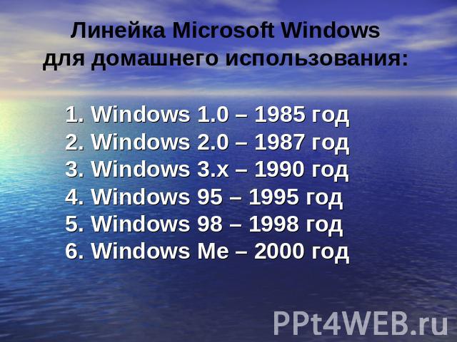 Линейка Microsoft Windows для домашнего использования: Windows 1.0 – 1985 год Windows 2.0 – 1987 год Windows 3.x – 1990 год 4. Windows 95 – 1995 год 5. Windows 98 – 1998 год 6. Windows Me – 2000 год