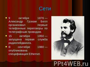 Сети 9 октября 1876&nbsp;— Александр Грэхам Белл организовал первые телефонные п