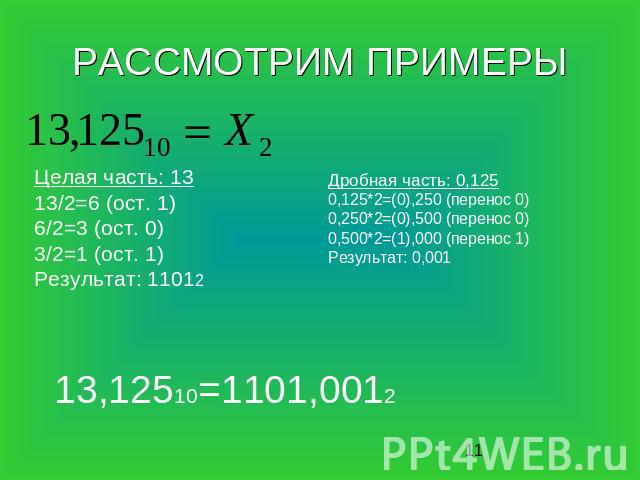 РАССМОТРИМ ПРИМЕРЫ Дробная часть: 0,125 0,125*2=(0),250 (перенос 0) 0,250*2=(0),500 (перенос 0) 0,500*2=(1),000 (перенос 1) Результат: 0,001 Целая часть: 13 13/2=6 (ост. 1) 6/2=3 (ост. 0) 3/2=1 (ост. 1) Результат: 11012 13,12510=1101,0012