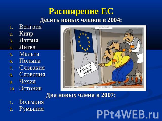 Расширение ЕС Десять новых членов в 2004: Венгрия Кипр Латвия Литва Мальта Польша Словакия Словения Чехия Эстония Два новых члена в 2007: Болгария Румыния