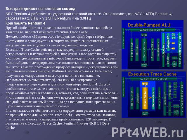 Быстрый движок выполнения команд АЛУ Pentium 4 работает на удвоенной тактовой частоте. Это означает, что АЛУ 1.4ГГц Pentium 4, работает на 2.8ГГц и у 1.5ГГц Pentium 4 на 3.0ГГц Кэш память Pentium 4 Другой особенностью снижения влияния более длинного…