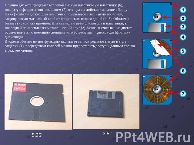 Обычно дискета представляет собой гибкую пластиковую пластинку (6), покрытую ферромагнитным слоем (7), отсюда английское название «floppy disk» («гибкий диск»). Эта пластинка помещается в защитную оболочку, защищающую магнитный слой от физических по…