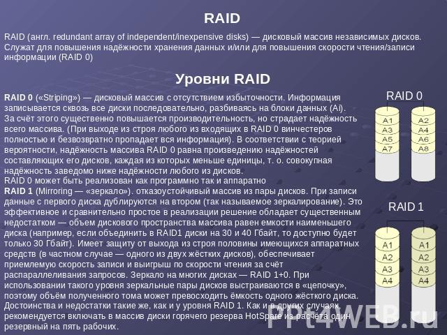 RAID RAID (англ. redundant array of independent/inexpensive disks) — дисковый массив независимых дисков. Служат для повышения надёжности хранения данных и/или для повышения скорости чтения/записи информации (RAID 0) Уровни RAID RAID 0 («Striping») —…
