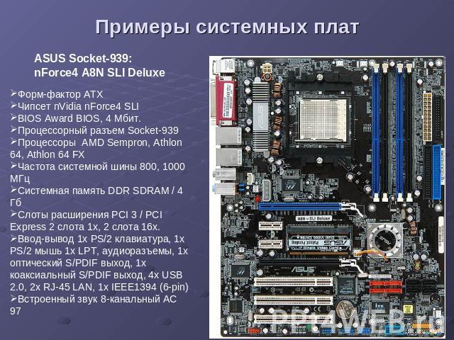 Примеры системных плат ASUS Socket-939: nForce4 A8N SLI Deluxe Форм-фактор ATX Чипсет nVidia nForce4 SLI BIOS Award BIOS, 4 Мбит. Процессорный разъем Socket-939 Процессоры AMD Sempron, Athlon 64, Athlon 64 FX Частота системной шины 800, 1000 МГц Сис…