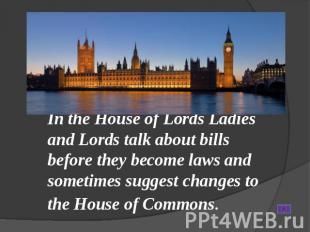 In the House of Lords Ladies and Lords talk about bills before they become laws