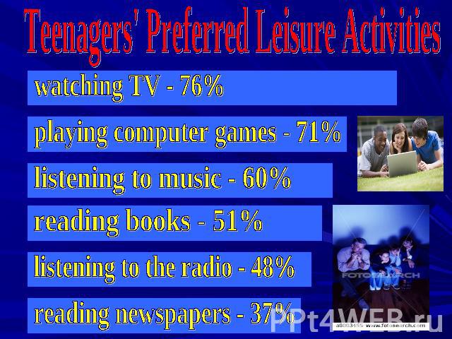 Teenagers' Preferred Leisure Activities watching TV - 76% playing computer games - 71% listening to music - 60% reading books - 51% listening to the radio - 48% reading newspapers - 37%