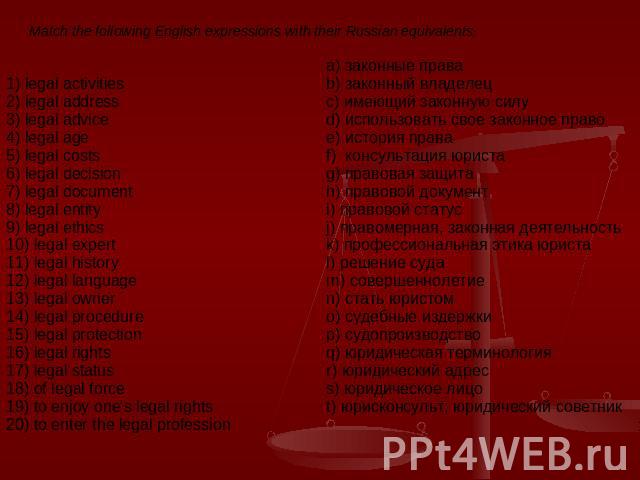 Match the following English expressions with their Russian equivalents: 1) legal activities 2) legal address 3) legal advice 4) legal age 5) legal costs 6) legal decision 7) legal document 8) legal entity 9) legal ethics 10) legal expert 11) legal h…