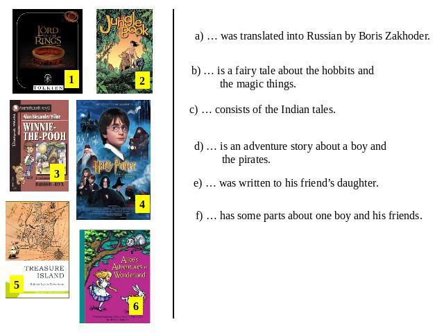 a) … was translated into Russian by Boris Zakhoder. b) … is a fairy tale about the hobbits and the magic things. c) … consists of the Indian tales. d) … is an adventure story about a boy and the pirates. e) … was written to his friend’s daughter. f)…