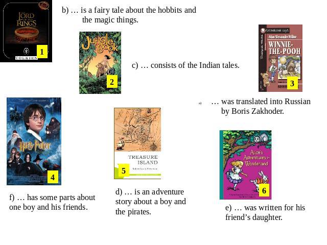 b) … is a fairy tale about the hobbits and the magic things. ) … consists of the Indian tales. … was translated into Russian by Boris Zakhoder. f) … has some parts about one boy and his friends. d) … is an adventure story about a boy and the pirates…
