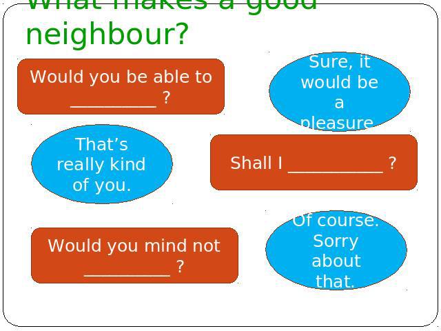 What makes a good neighbour? Would you be able to __________ ? Sure, it would be a pleasure. That’s really kind of you. Shall I ___________ ? Would you mind not __________ ? Of course. Sorry about that.