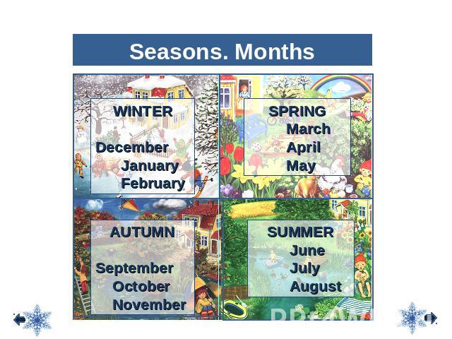 Seasons. Months WINTER December January February SPRING March April May AUTUMN September October November SUMMER June July August