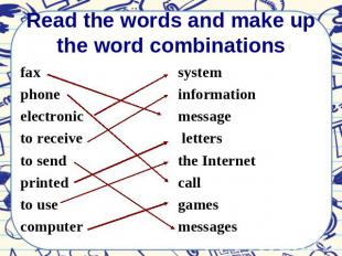 Read the words and make up the word combinations fax phone electronic to receive