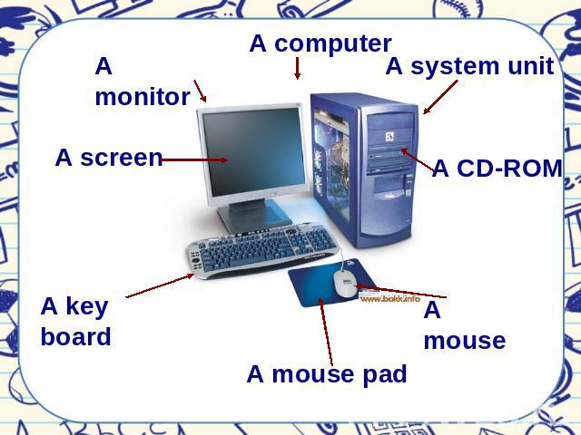 А computer A system unit A CD-ROM A mouse A mouse pad A key board A screen A monitor